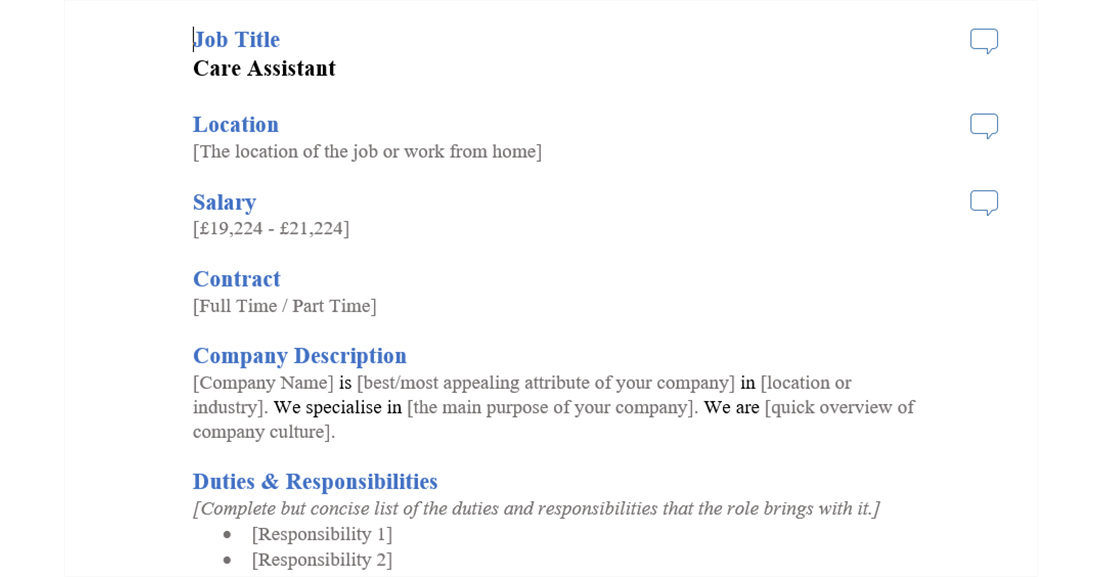 care assistant job ad template